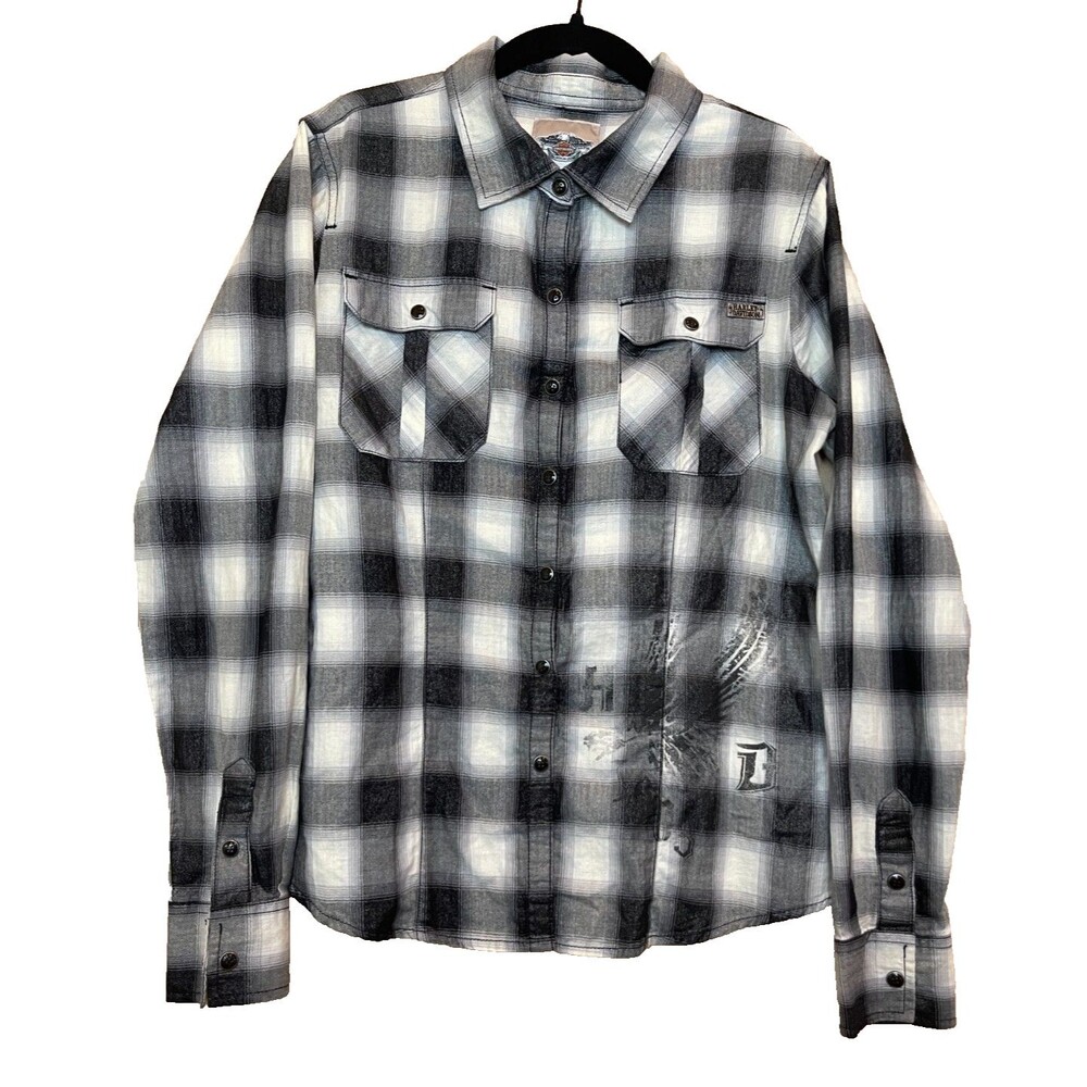 Harley Davidson women’s medium plaid pearl snap button up long sleeve shirt